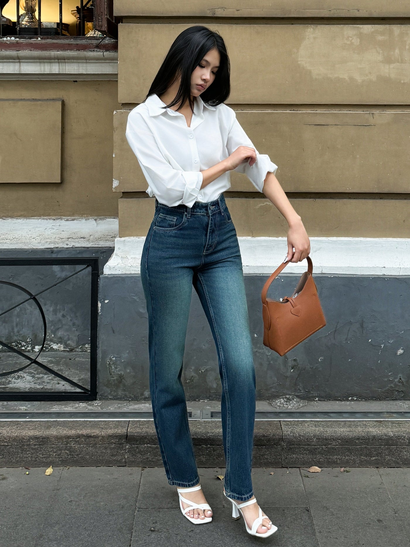 Wash Out Indigo Blue Tailored Straight Leg Jeans