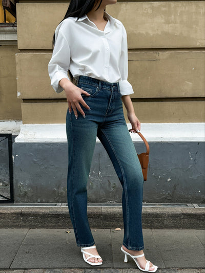 Wash Out Indigo Blue Tailored Straight Leg Jeans
