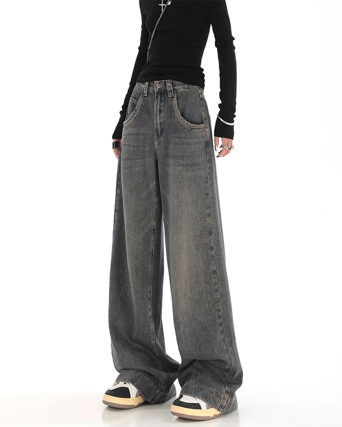 Grey Vintage Washed Wide Leg Baggy Jeans
