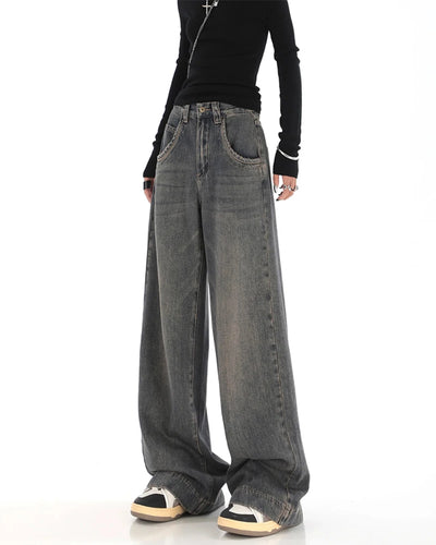 Grey Vintage Washed Wide Leg Baggy Jeans
