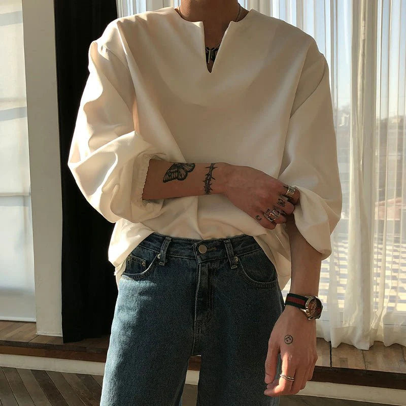 V Neck Cuff Details Long Sleeve Korean Shirt