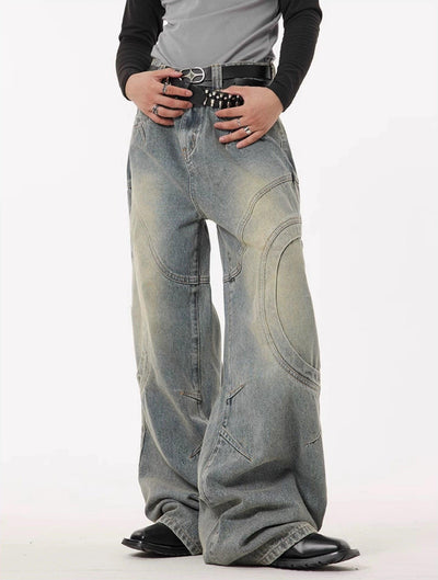 Washed Curved Stitches Wide Leg Jeans