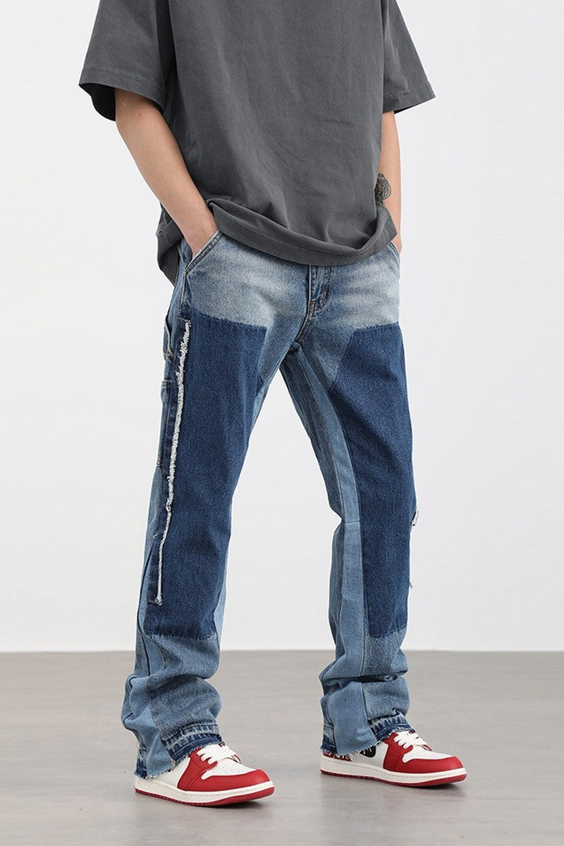 Watch Out Blue Stitched Loose Straight Fit Leg Denim