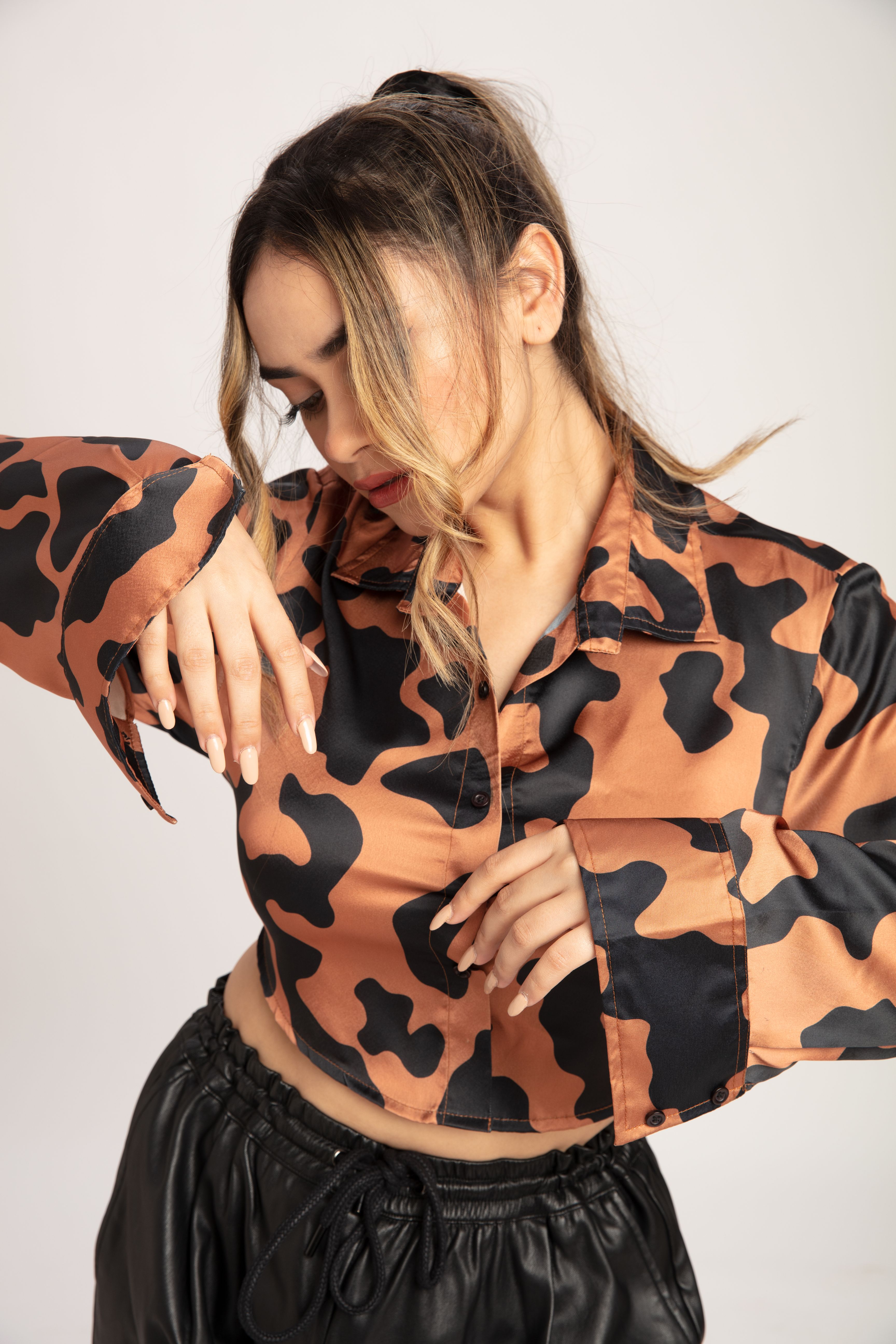 Cow Print Open Black Satin Shirt