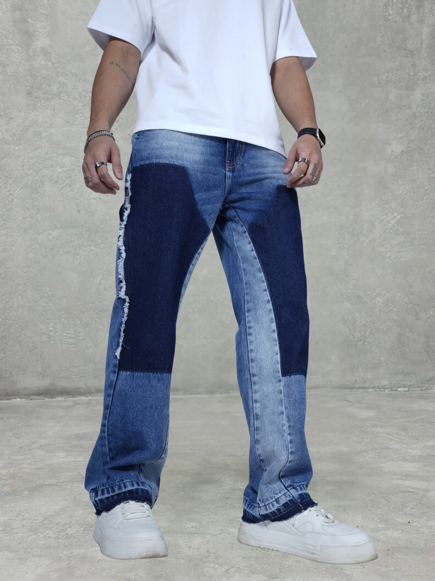 Watch Out Blue Stitched Loose Straight Fit Leg Denim