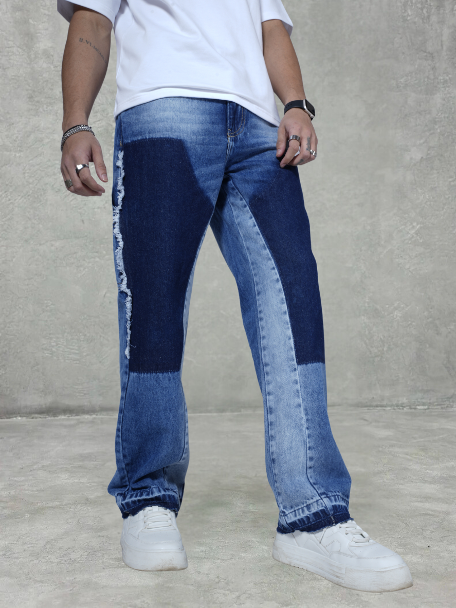 Watch Out Blue Stitched Loose Straight Fit Leg Denim