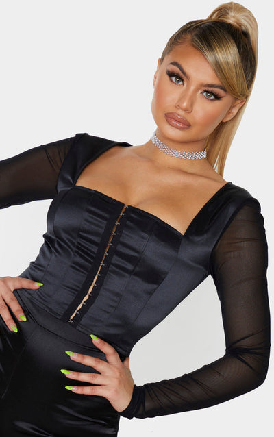 Square Neck Corset Satin Mesh Black Top