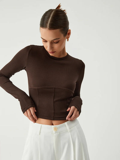 Brown Rib Corset Detail Long Sleeves Top