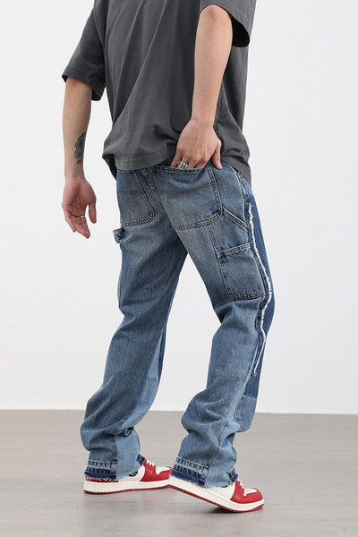 Watch Out Blue Stitched Loose Straight Fit Leg Denim