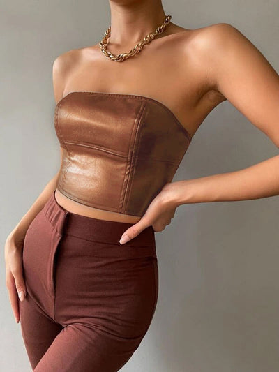 Hot Brown Leather Corset Tube Top