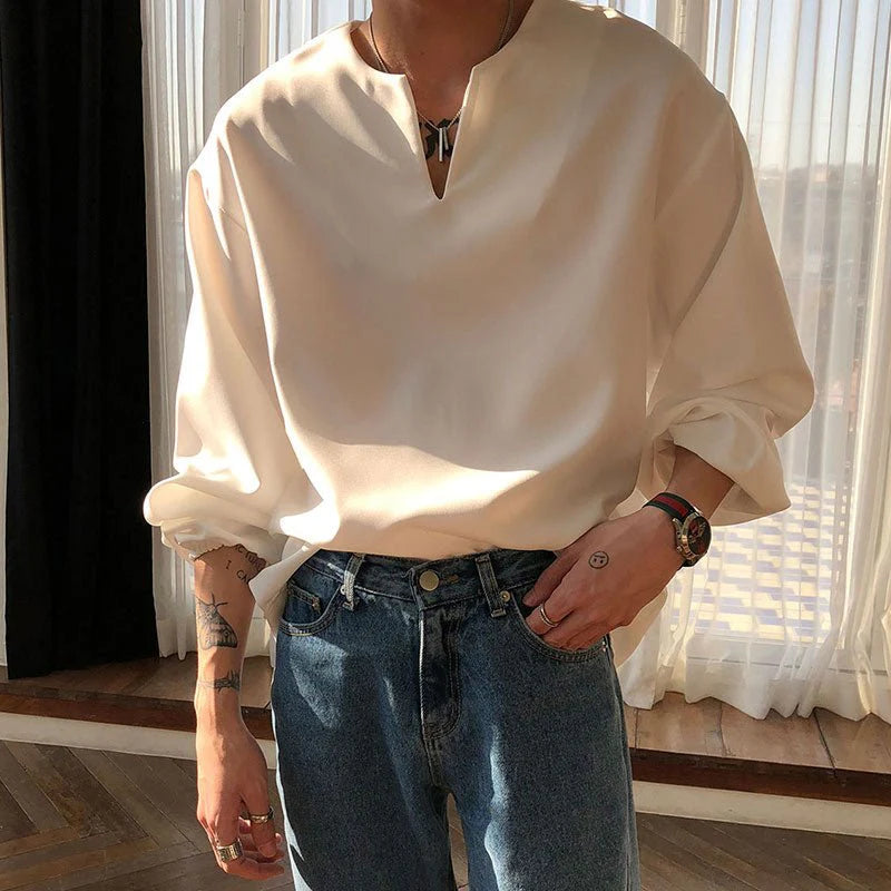 V Neck Cuff Details Long Sleeve Korean Shirt