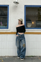 Off Beat Distressed Blue Baggy Jeans