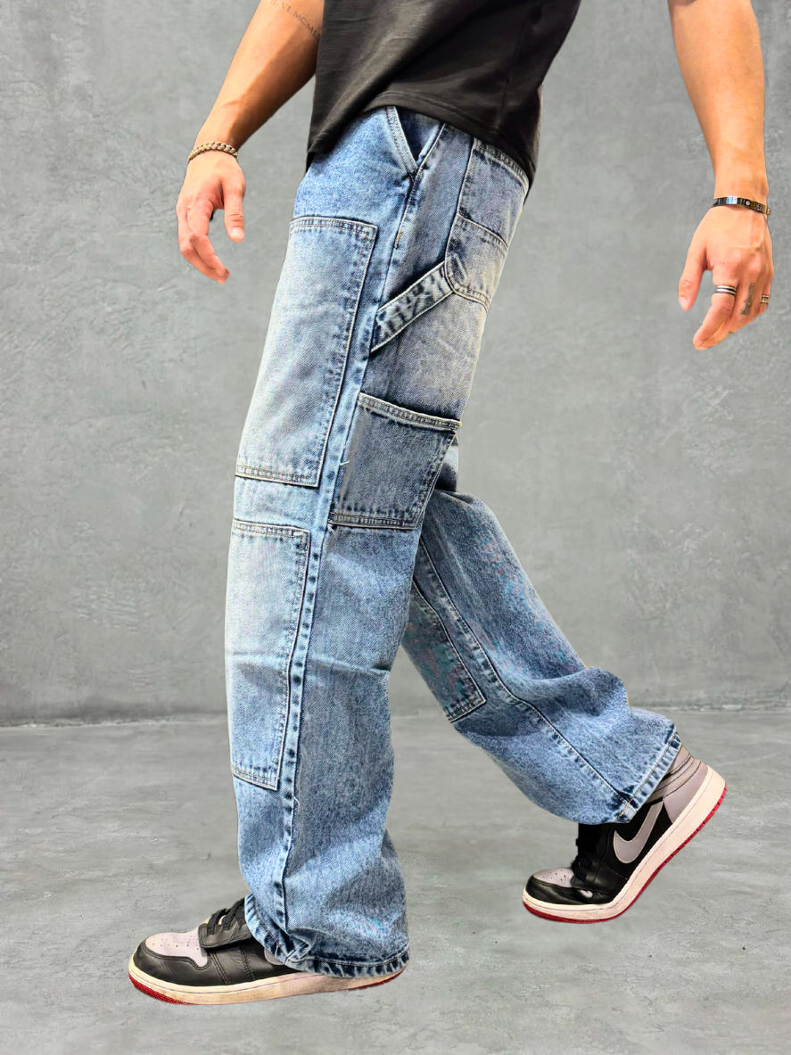 Blue Stone Wash Carpenter Baggy Jeans