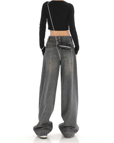 Grey Vintage Washed Wide Leg Baggy Jeans