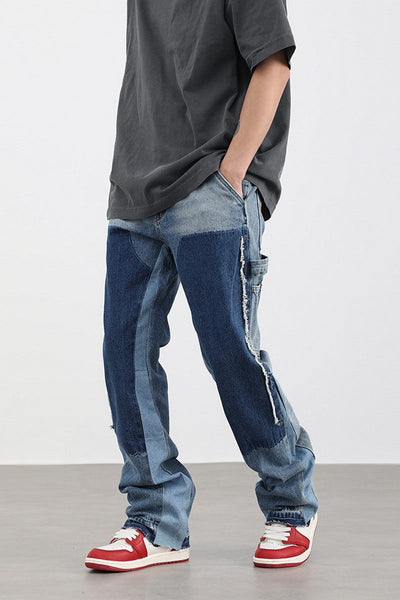 Watch Out Blue Stitched Loose Straight Fit Leg Denim