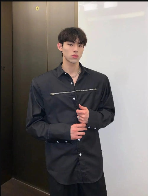 Korean Style Zip Details Long-sleeved Shirt