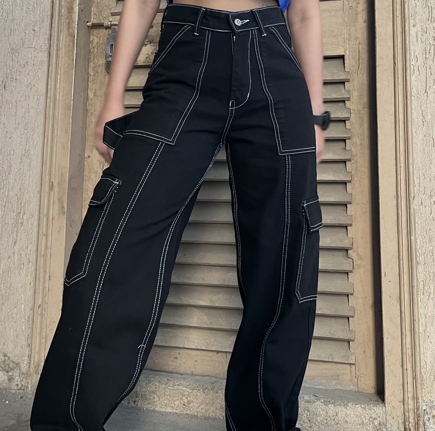 So Hip Hop Black High Waist Cargo Jeans