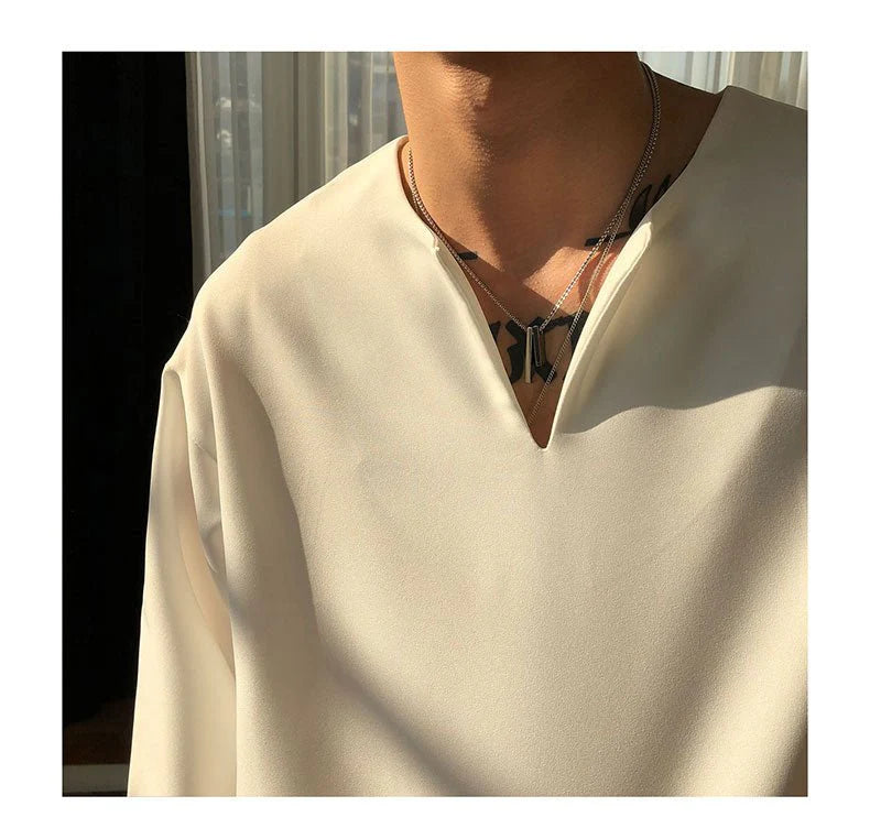 V Neck Cuff Details Long Sleeve Korean Shirt