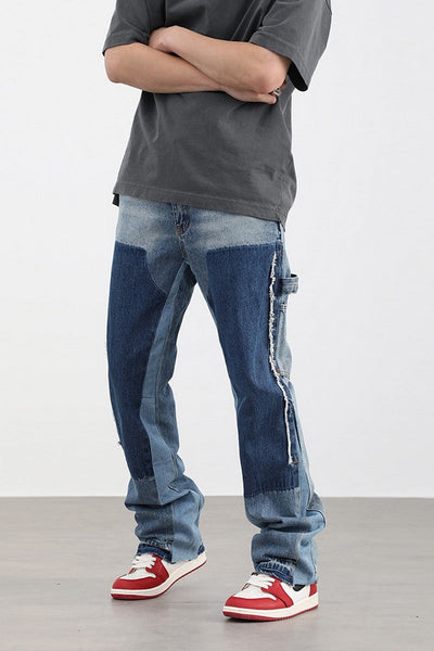 Watch Out Blue Stitched Loose Straight Fit Leg Denim