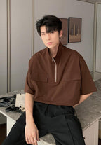 Zip Up High Neck Short Sleeve Shirt