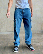 Blue Acid Wash Flap Pocket Side Cargo Jeans