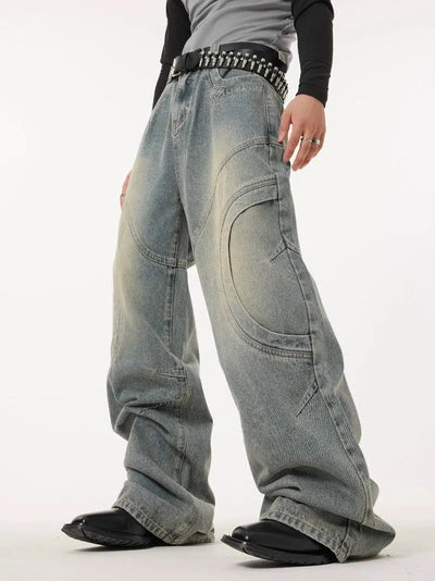 Washed Curved Stitches Wide Leg Jeans