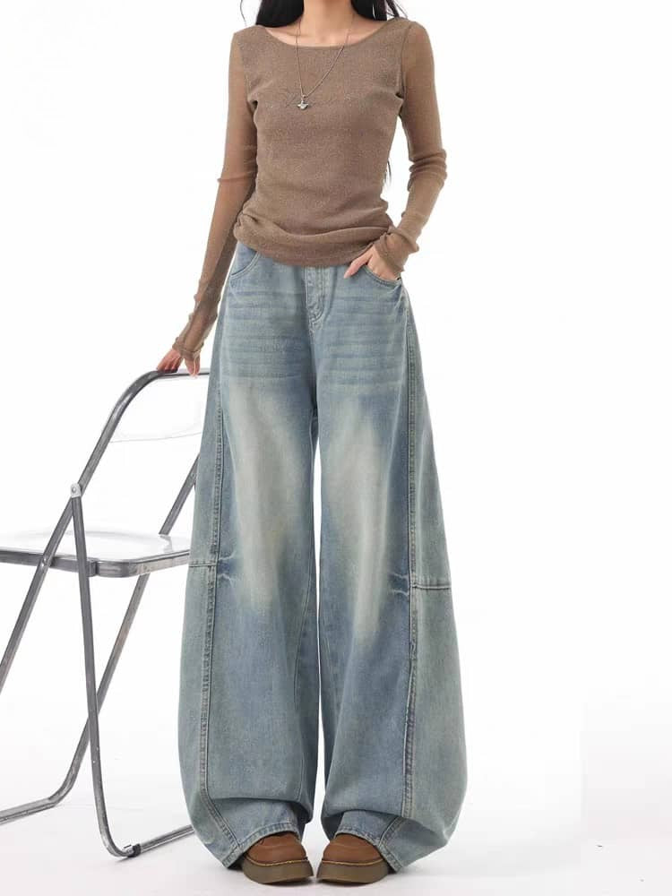 Ash Blue Mid Waist Baggy Jeans