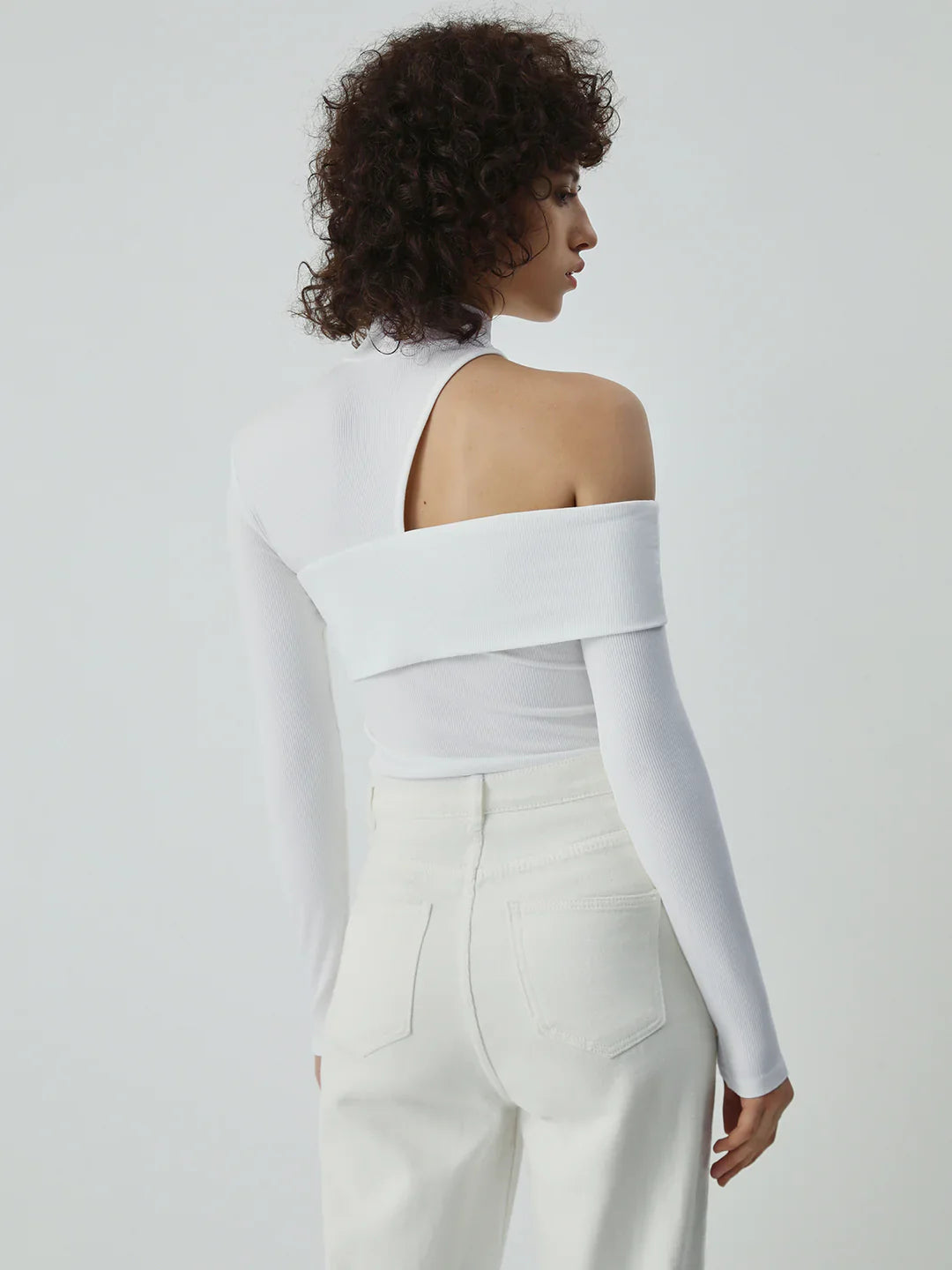 Wrapped Shoulder High Neck Rib Top