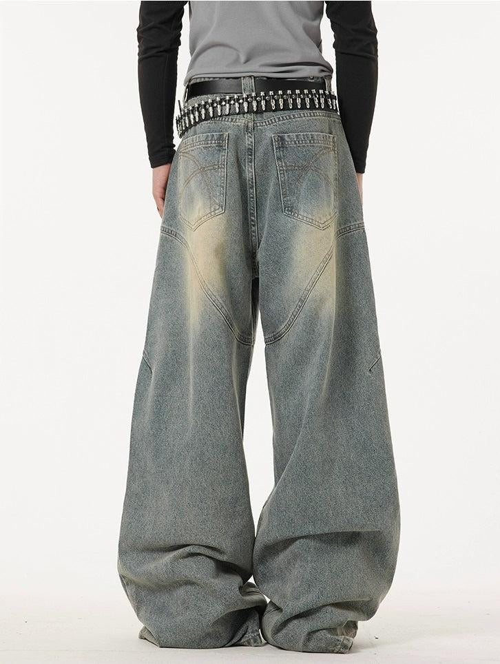 Washed Curved Stitches Wide Leg Jeans