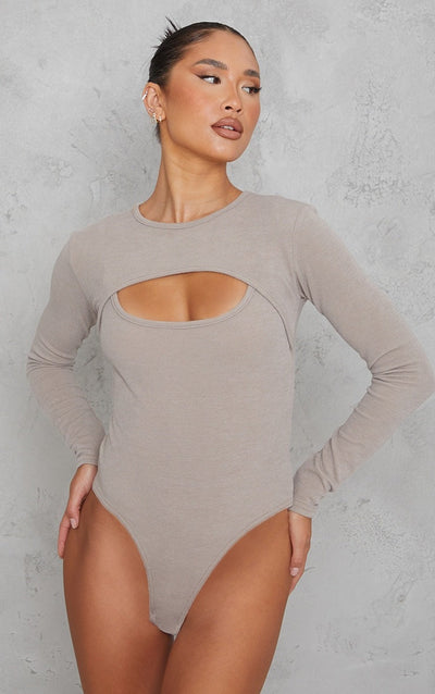 Grey Front Cut Out Bodysuit