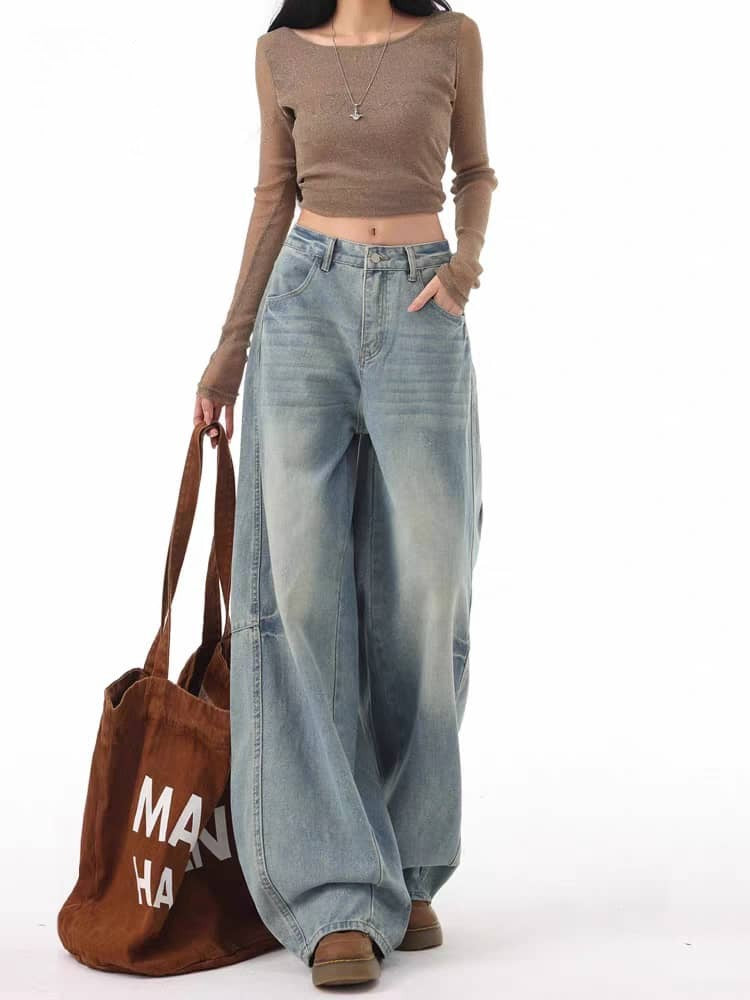 Ash Blue Mid Waist Baggy Jeans