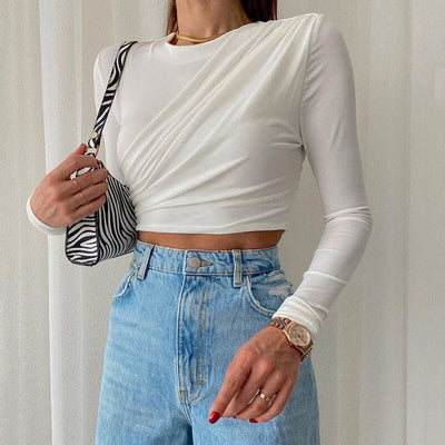 Draped Shoulder Slim Fit White Top