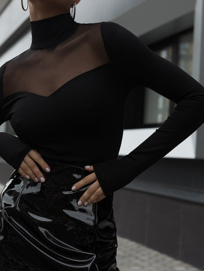 Black Sheer Detail Polo Neck Top