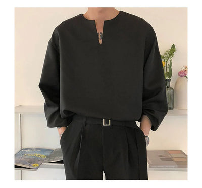 V Neck Cuff Details Long Sleeve Korean Shirt