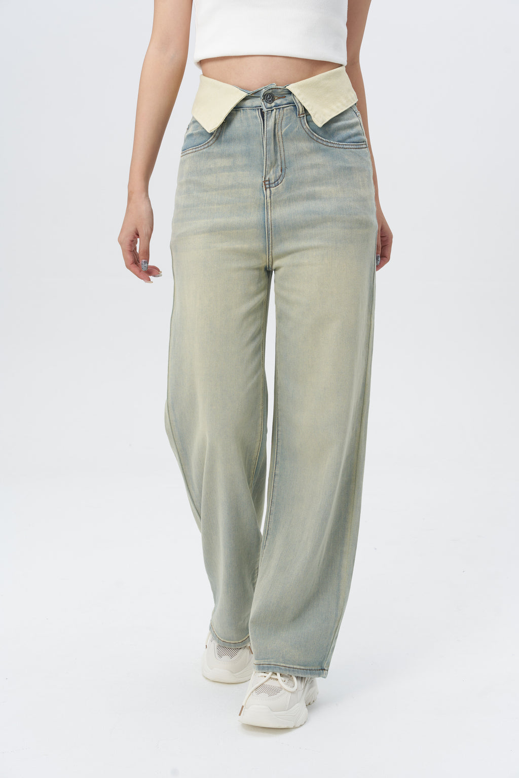 Fold Over Fade Straight Leg Jeans