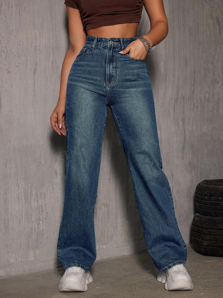 Wash Out Indigo Blue Tailored Straight Leg Jeans