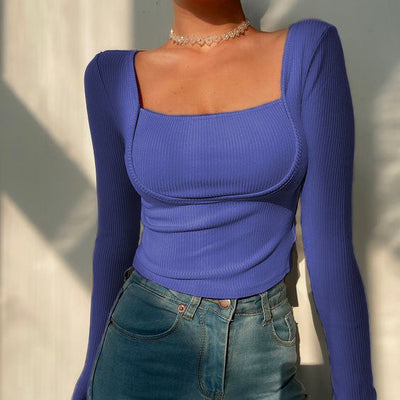 Blue Scoop Neck Rib Knit Top