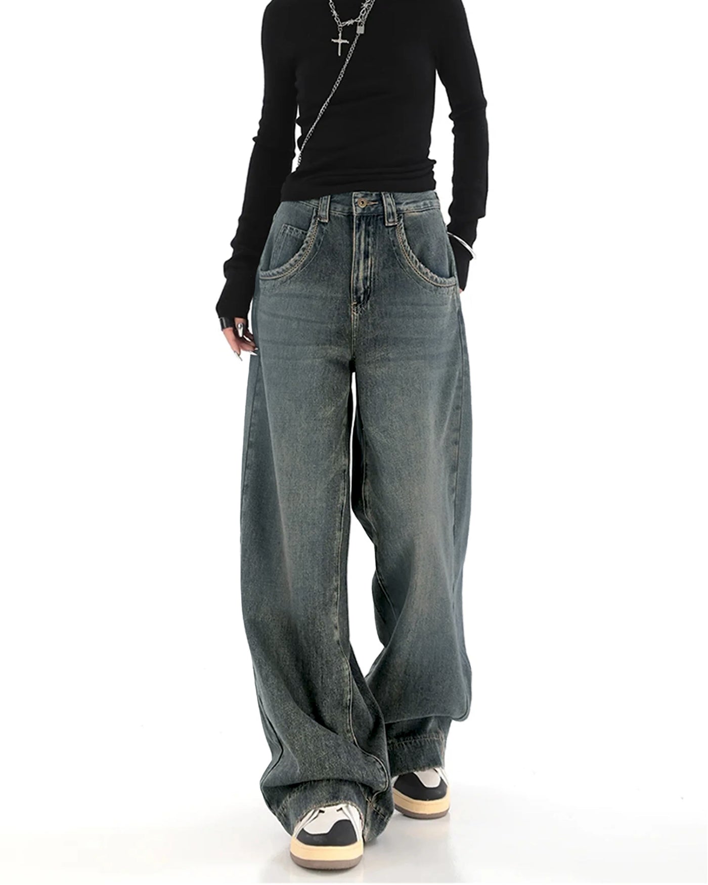 Grey Vintage Washed Wide Leg Baggy Jeans