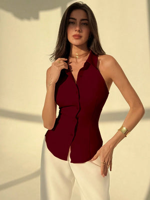 Polo Collar Shirt With Snatch Tie Waist