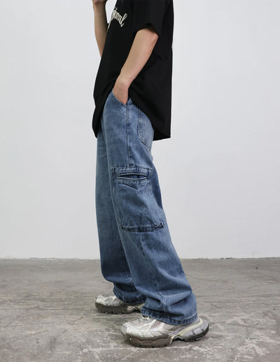 Blue Out Dated Wash Cargo Pocket Baggy Jeans