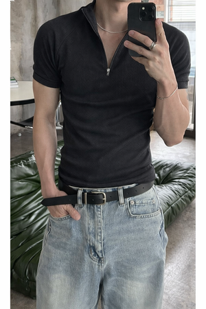 Slim Rib Zipper High Neck T-Shirt