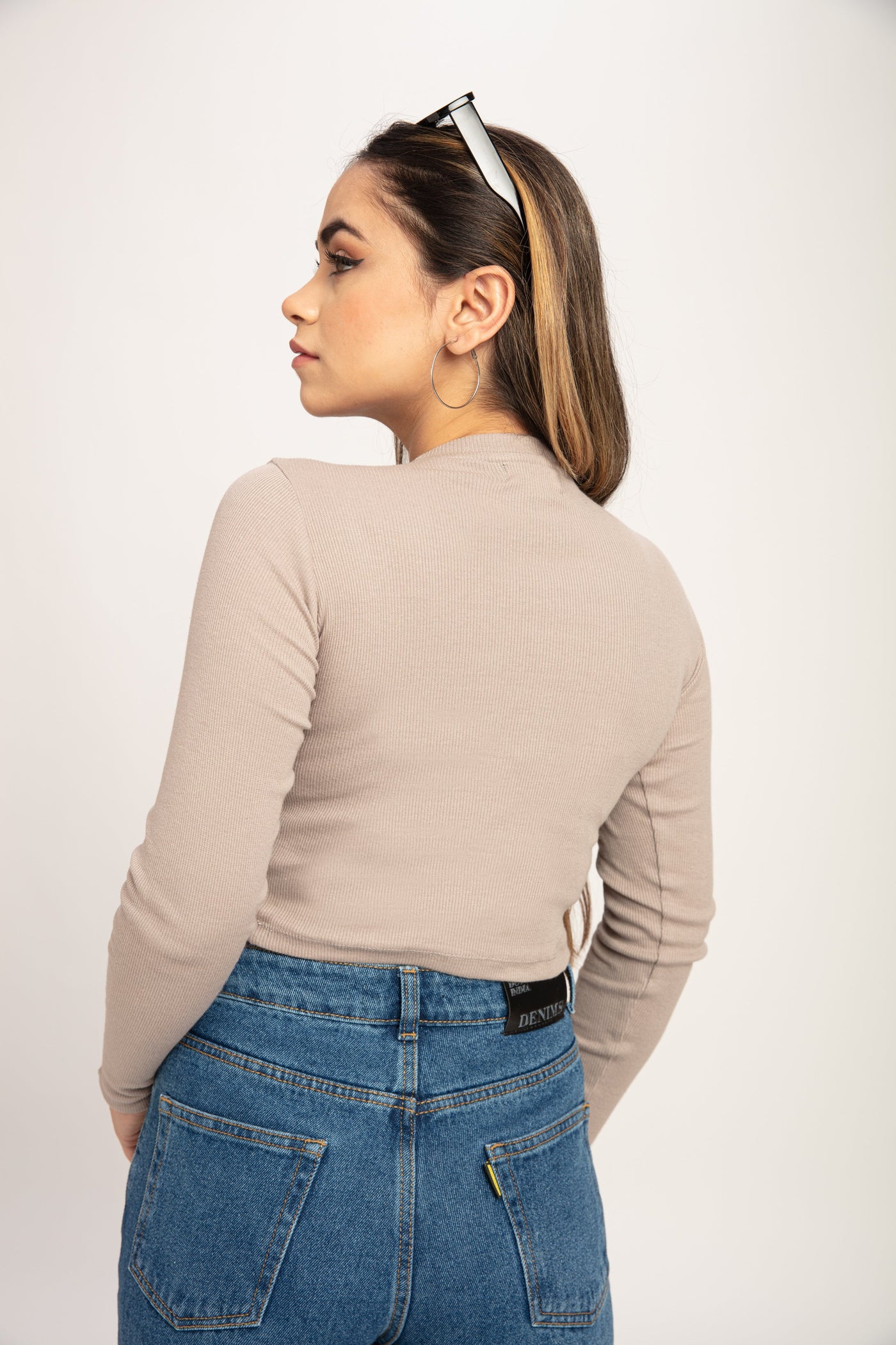 Grey Rib Corset Detail Long Sleeves Top