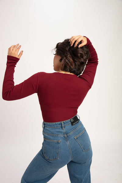 Burgundy V Neck full Sleeves Top