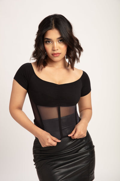 Off Shoulder Mesh Insert Ruched Crop Top