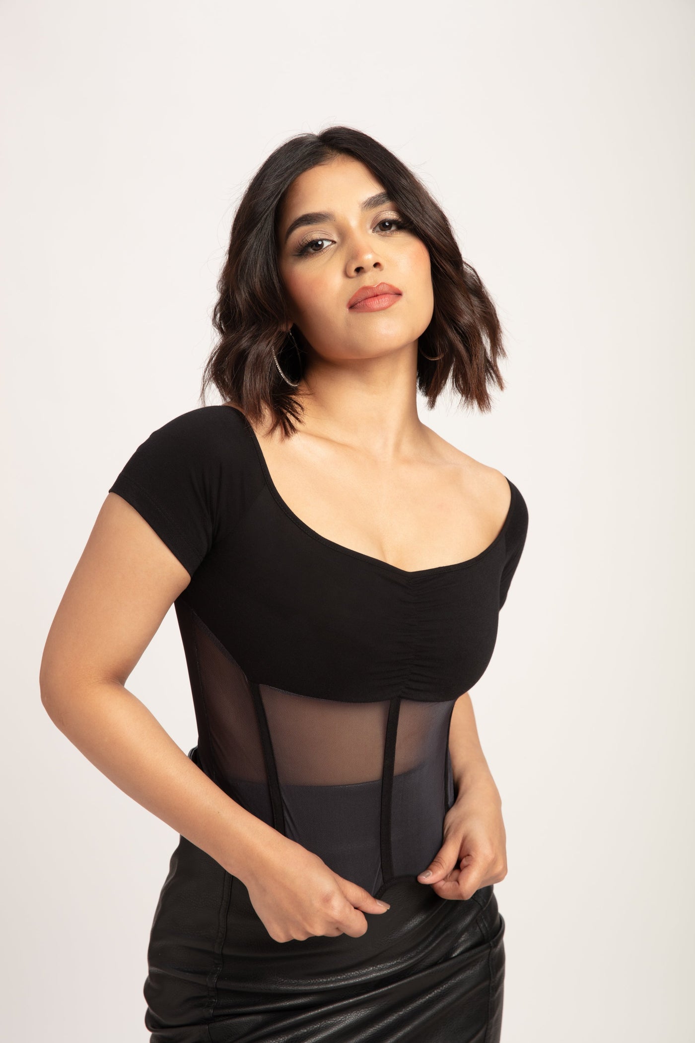 Off Shoulder Mesh Insert Ruched Crop Top