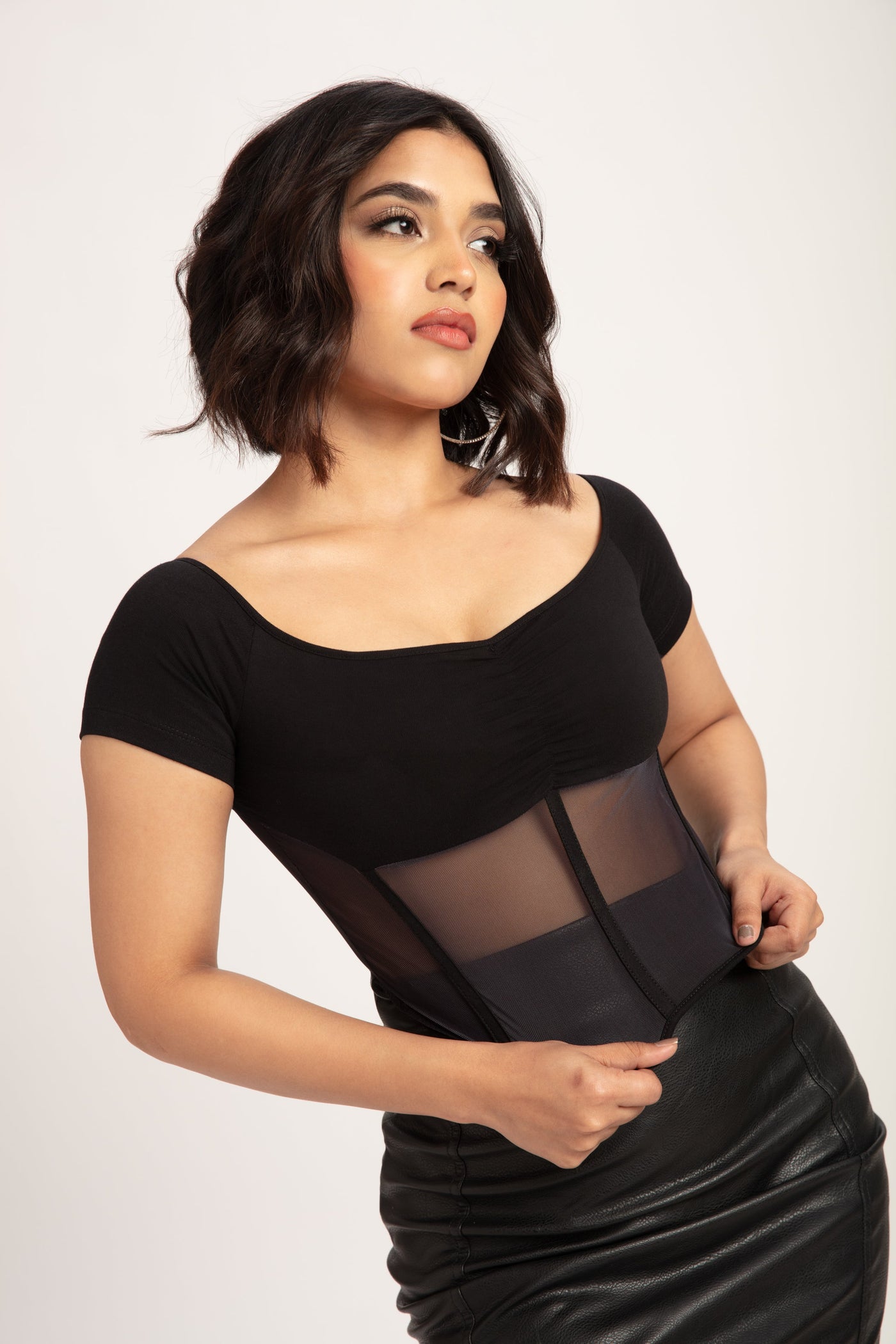 Off Shoulder Mesh Insert Ruched Crop Top