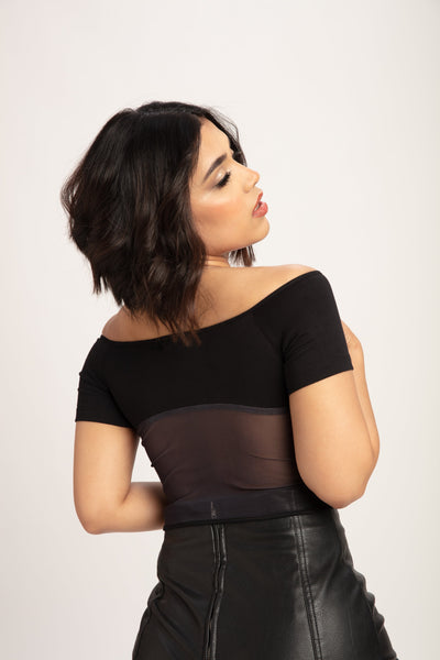 Off Shoulder Mesh Insert Ruched Crop Top