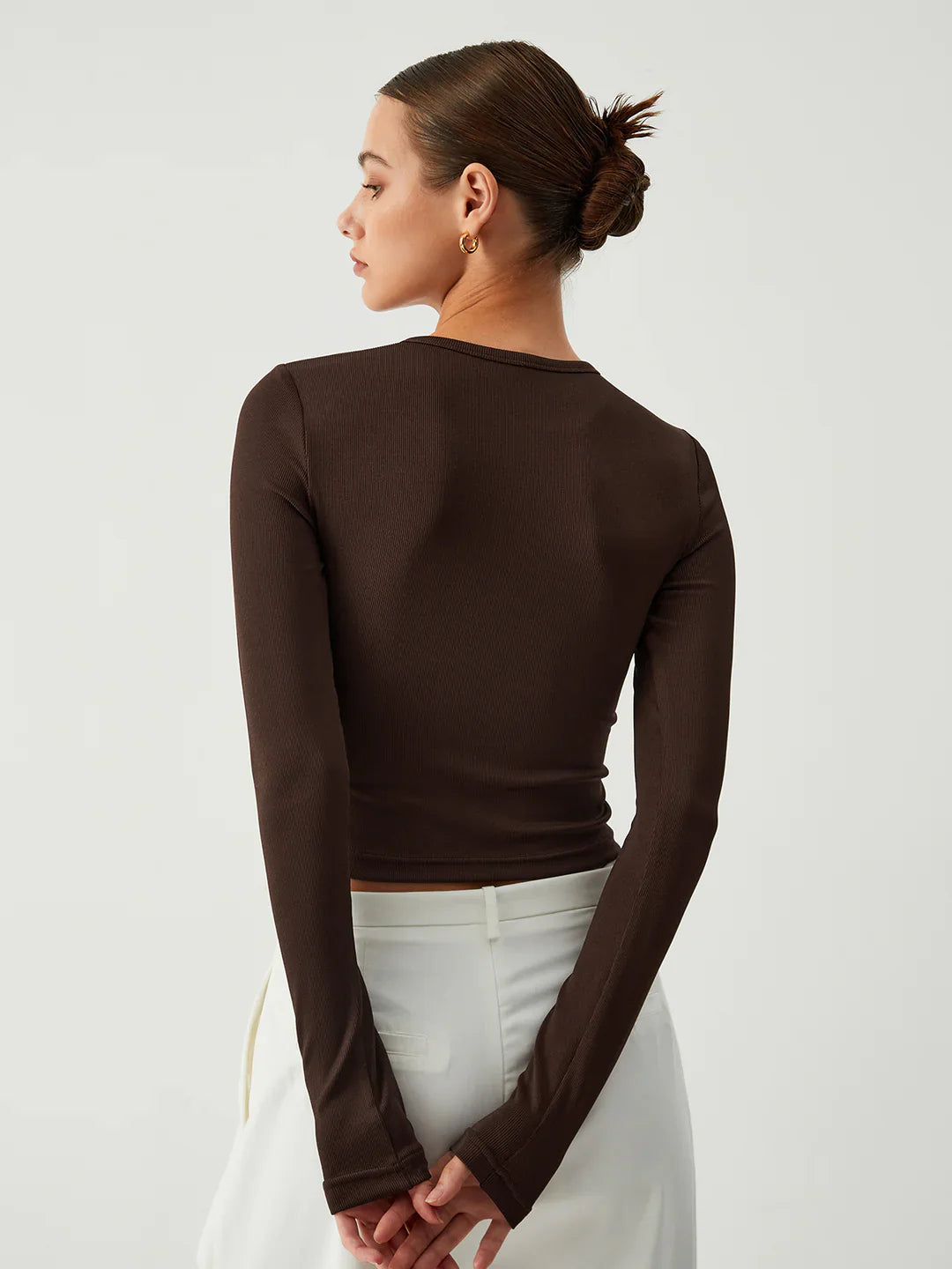 Brown Rib Corset Detail Long Sleeves Top