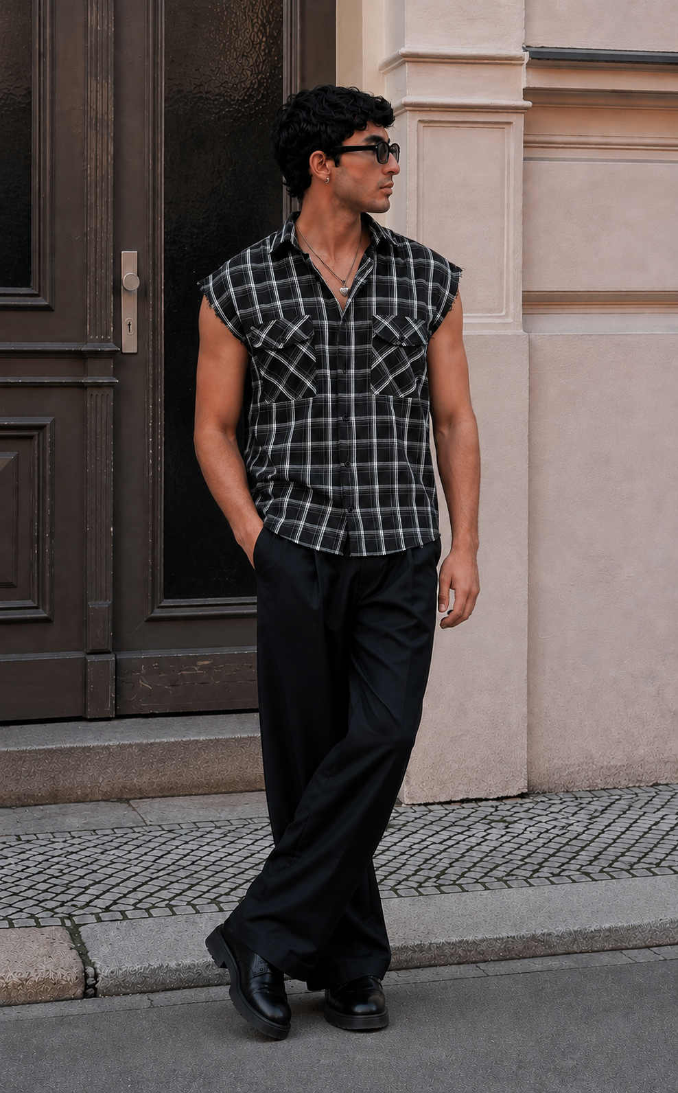 Checker Raw Edge Vest Shirt Maroon - Image 8