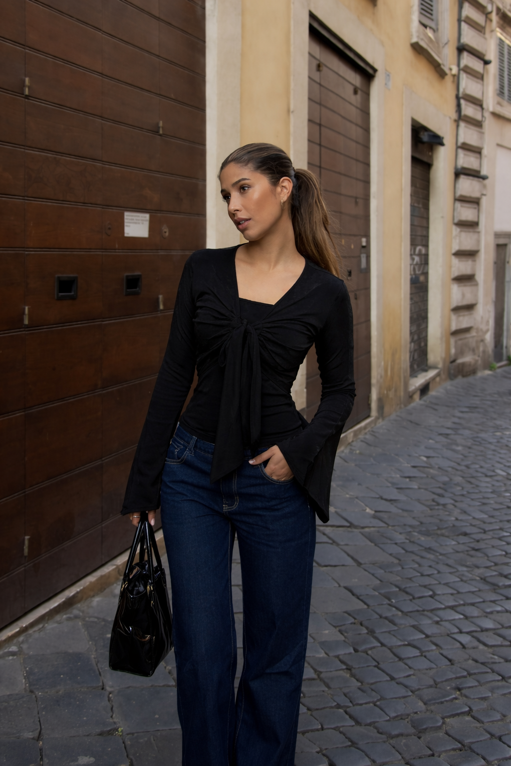 Iris Mesh Bell Sleeve Tie Top